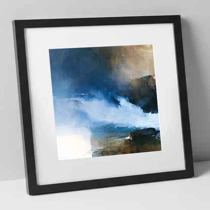 Stormy Blue Fellside Beck lake district waterfall art print in black frame