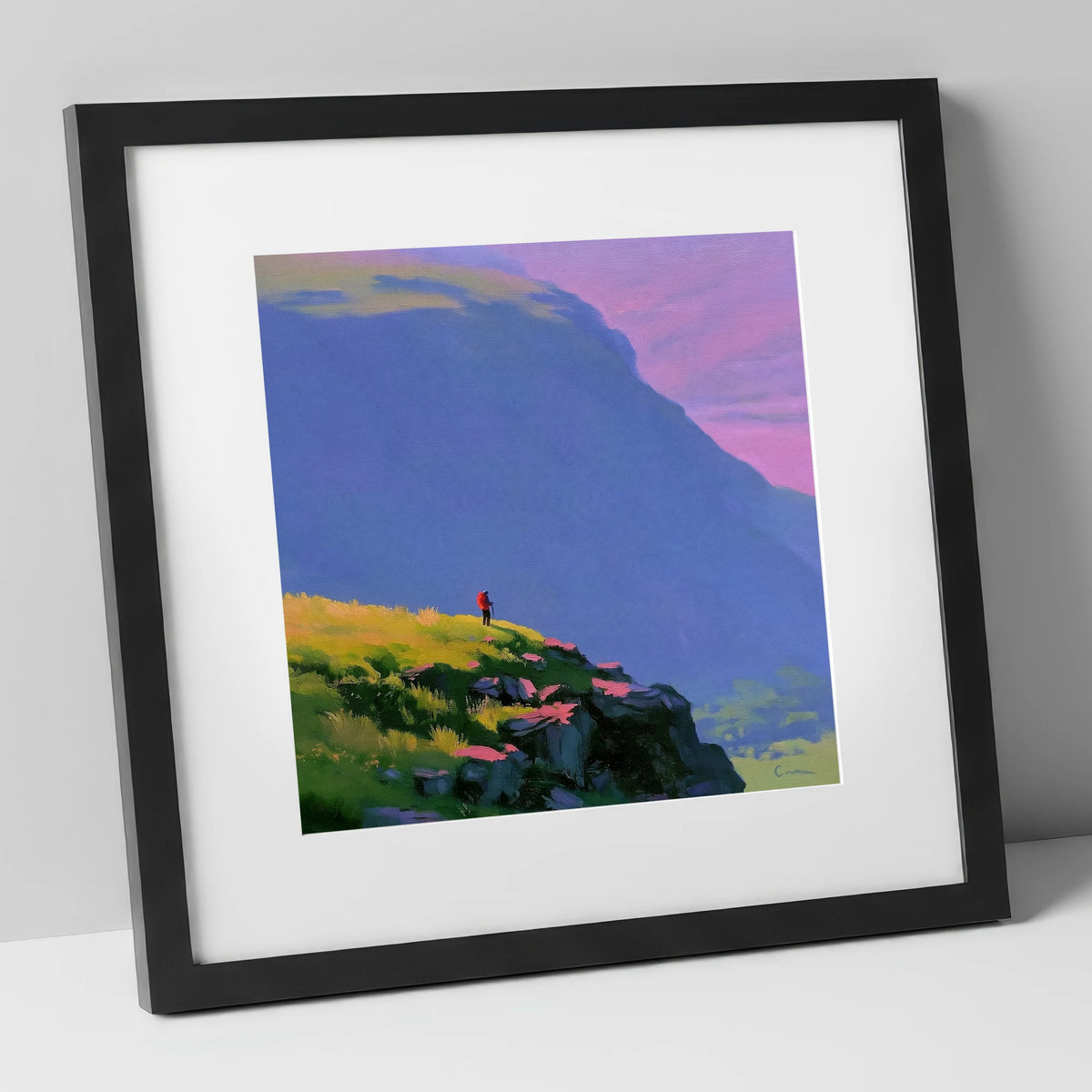 Fell Walker Under Lilac Sky lake district walking art print in black frame
