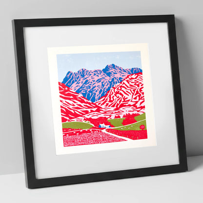 Vibrant Great Langdale Fells lake district valley art print in black frame