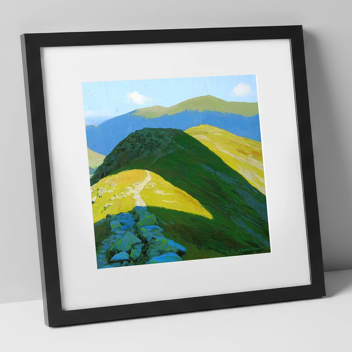 Sunlit Ridge to Cold Pike lake district fell art print in black frame