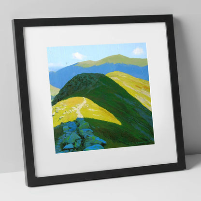 Sunlit Ridge to Cold Pike lake district fell art print in black frame