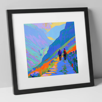 Walkers on a Colourful Mountain Path lake district walking art print in black frame