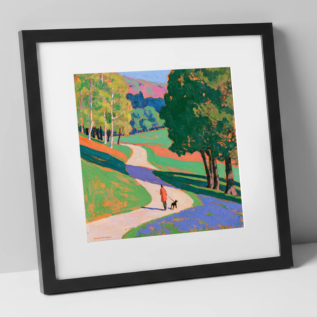 Vibrant Grasmere Dog Walk gifts for dog walkers art print in black frame