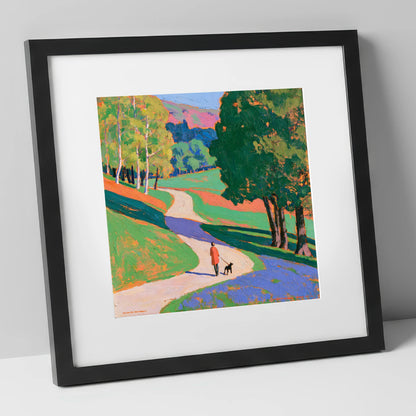 Vibrant Grasmere Dog Walk gifts for dog walkers art print in black frame