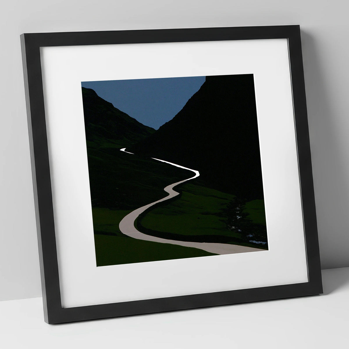 Twilight Winding Mountain Pass lake district valley art print in black frame