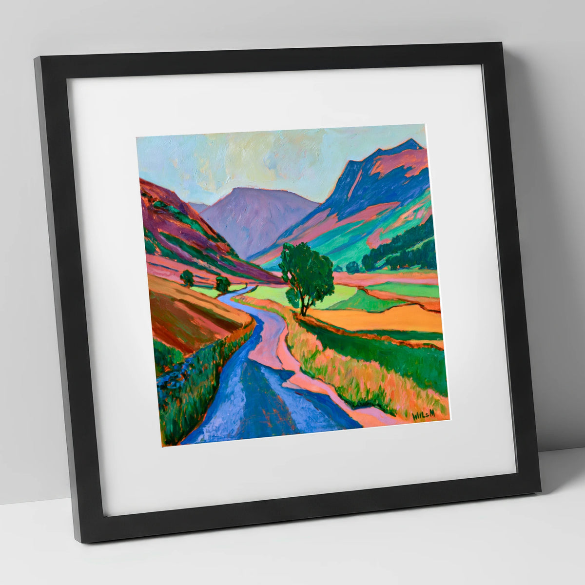 Winding Road Through Vibrant Fells lake district valley art print in black frame
