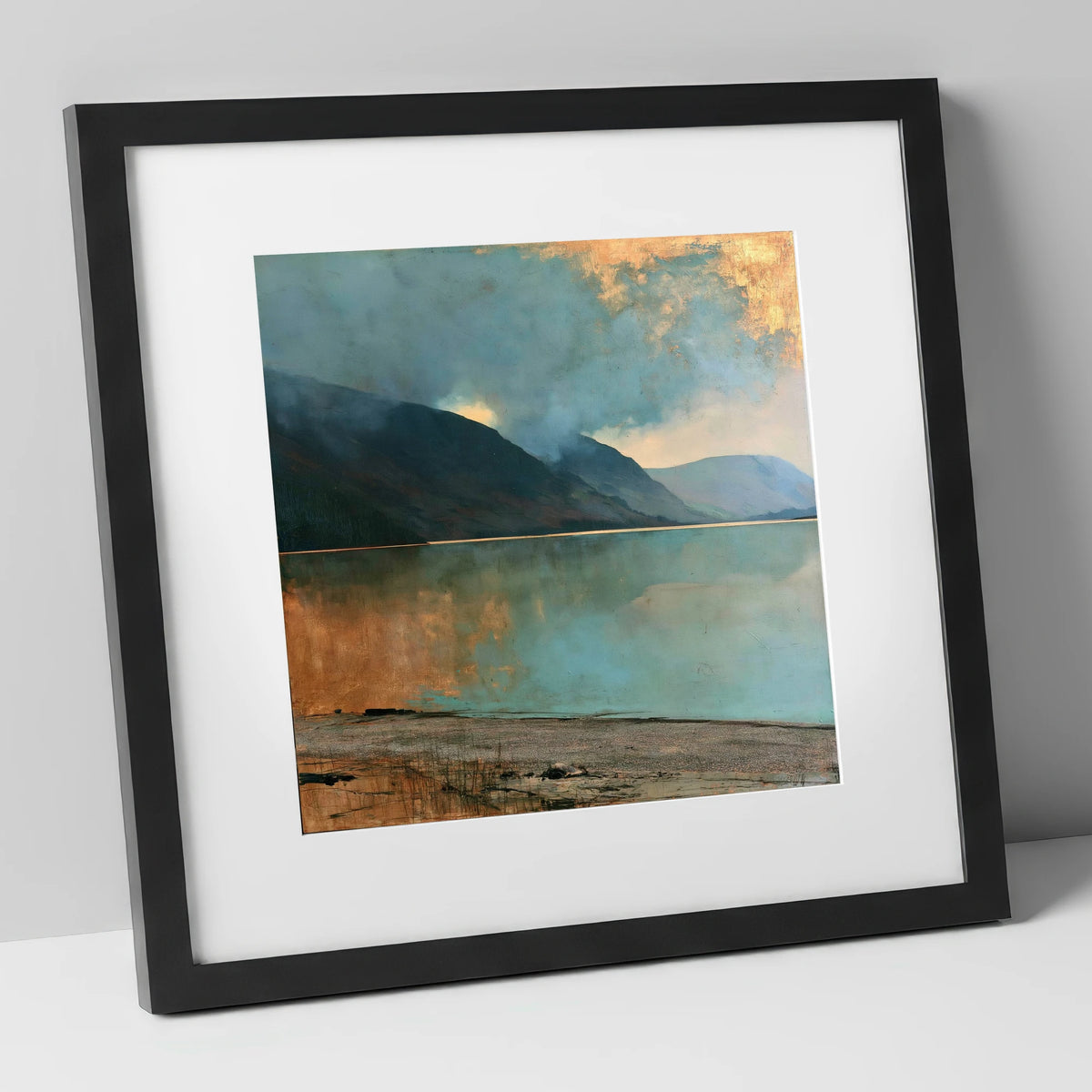 Golden Break Over Crummock Water lake district lake art print in black frame
