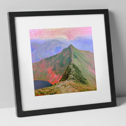Striding Edge Beneath a Pink Sky lake district walking art print in black frame