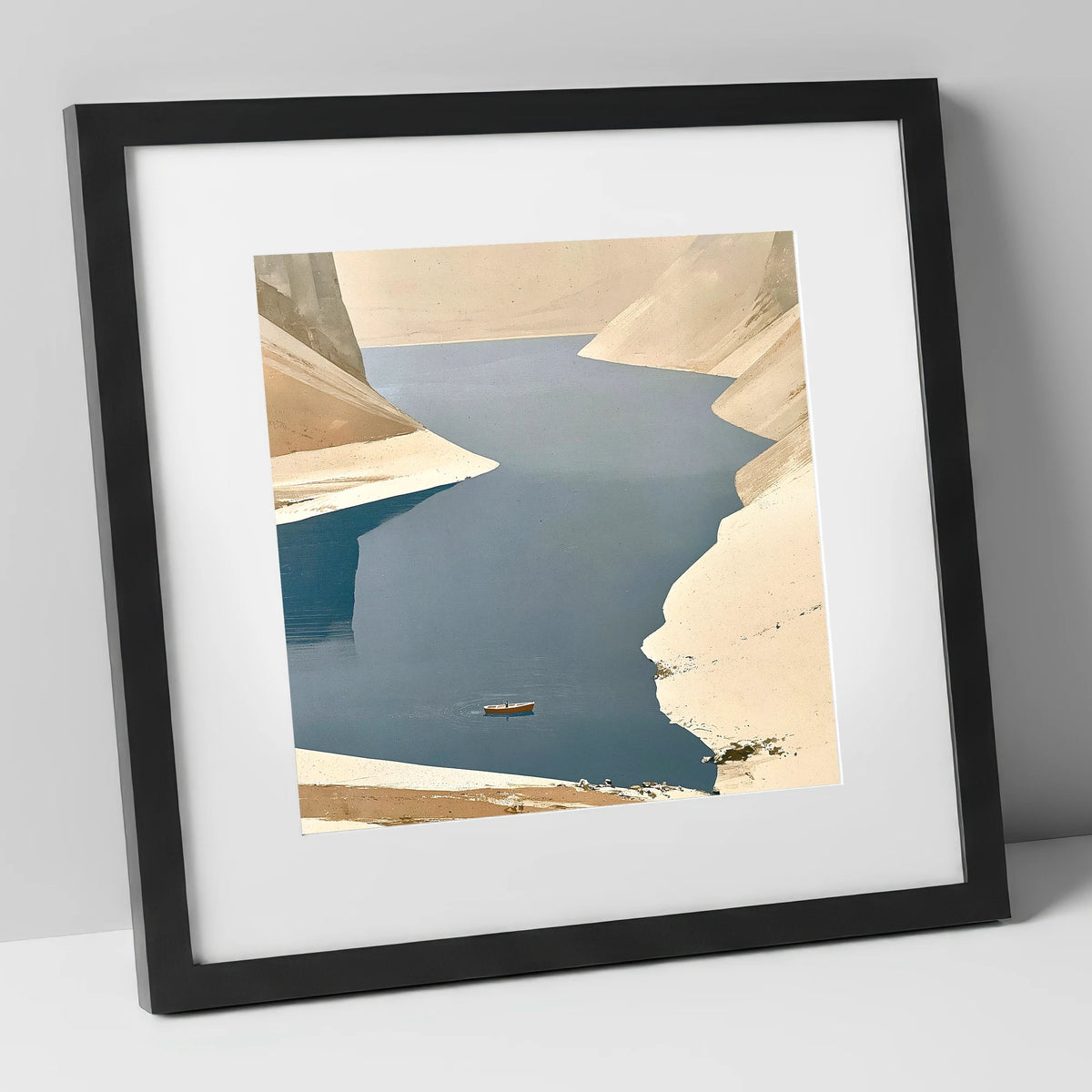Lone Boat on Deep Blue Lake lake district lake art print in black frame