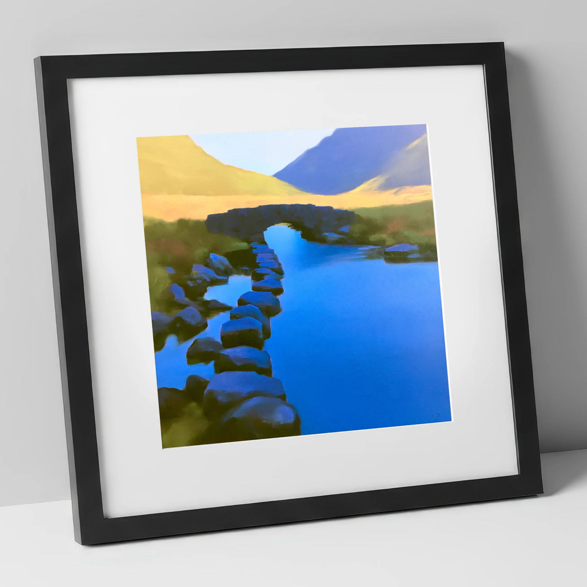 Vibrant Blue Stream and Bridge lake district waterfall art print in black frame