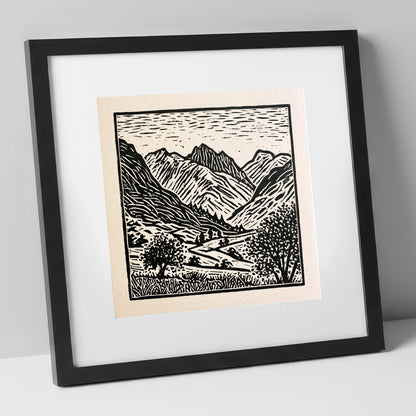 Eskdale Valley in Monochrome lake district valley art print in black frame