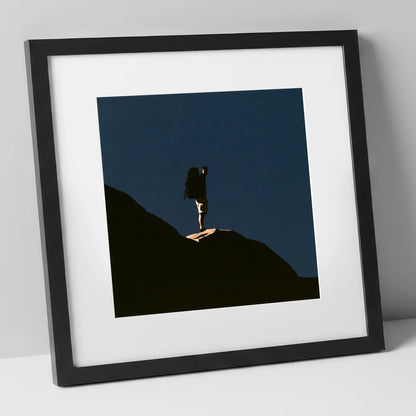 Hiker Silhouette on Dark Fell lake district walking art print in black frame