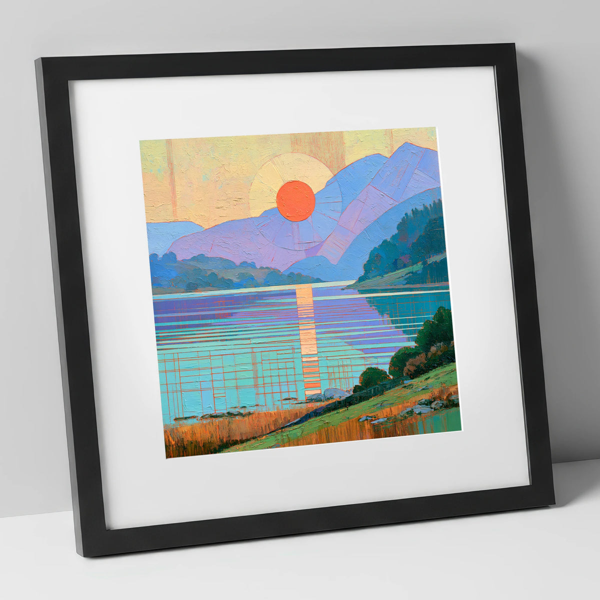 Geometric Lakeland Sunset Over Water lake district lake art print in black frame