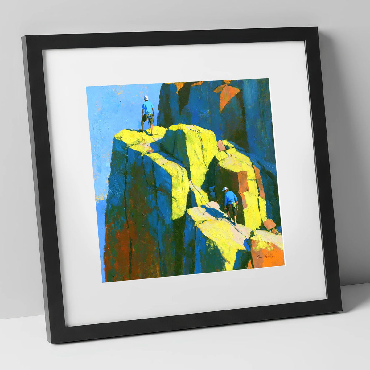 Mountaineers on a Sunlit Crag Pinnacle lake district walking art print in black frame