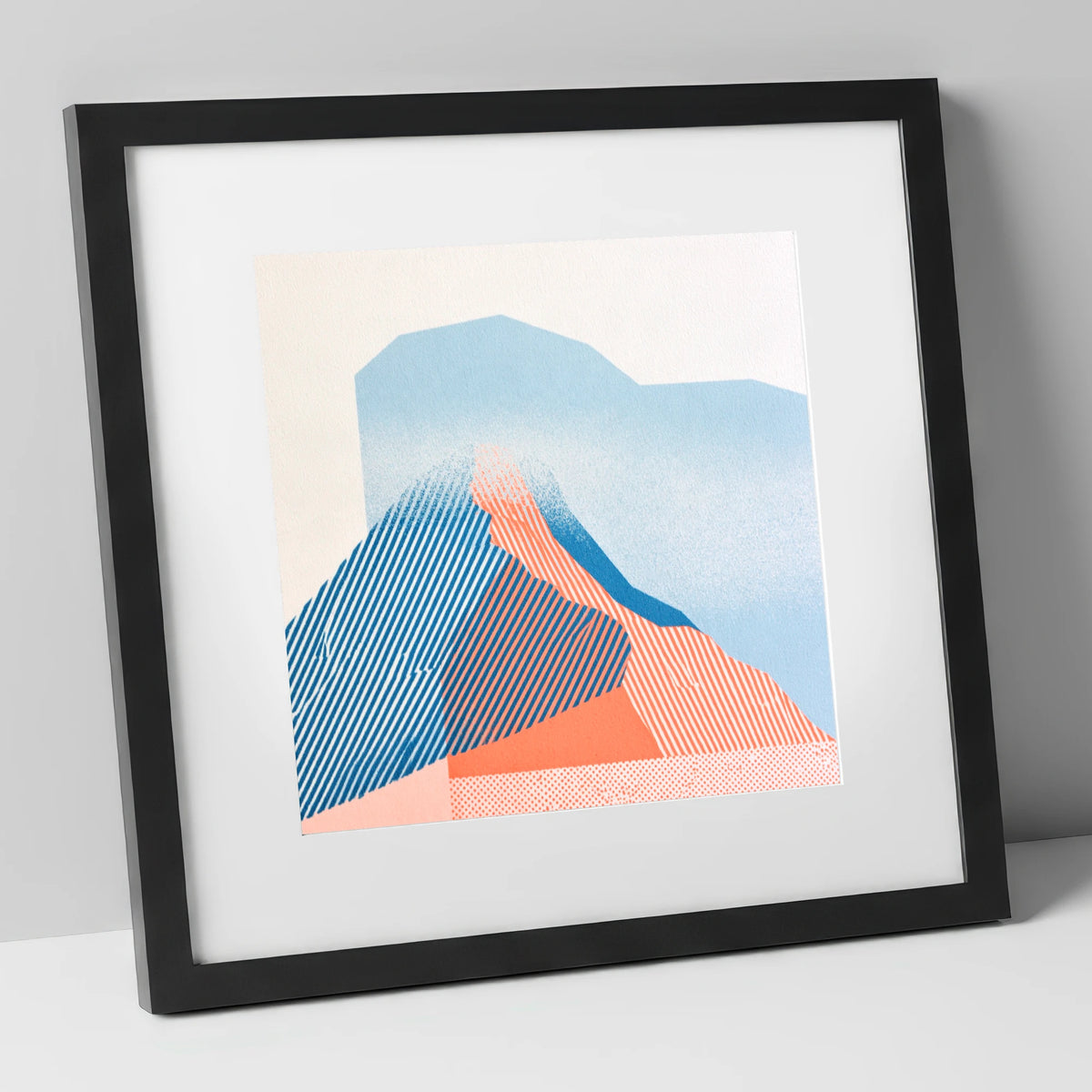 Coral and Blue Mountain Ridge lake district fell art print in black frame