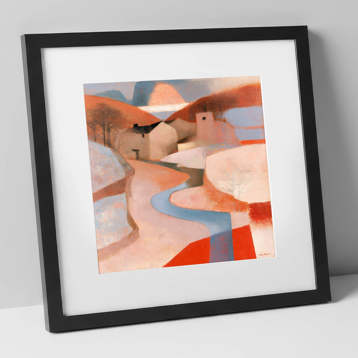 Terracotta Winding River Valley lake district waterfall art print in black frame