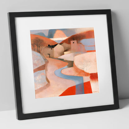 Terracotta Winding River Valley lake district waterfall art print in black frame