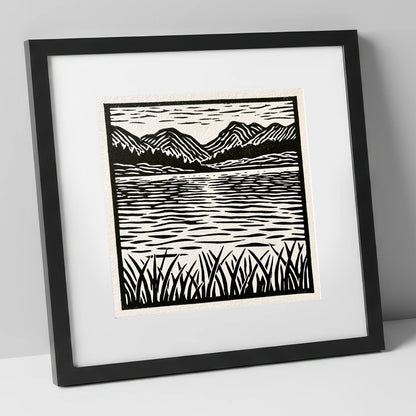 Calm Lake Reflections in Monochrome lake district lake art print in black frame