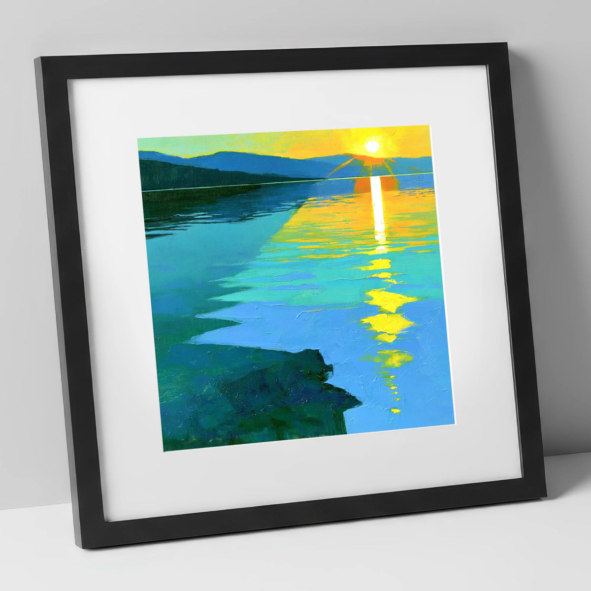 Ultramarine Sunset Over the Lake lake district lake art print in black frame