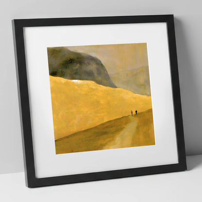 Walkers on a Golden Fell lake district walking art print in black frame