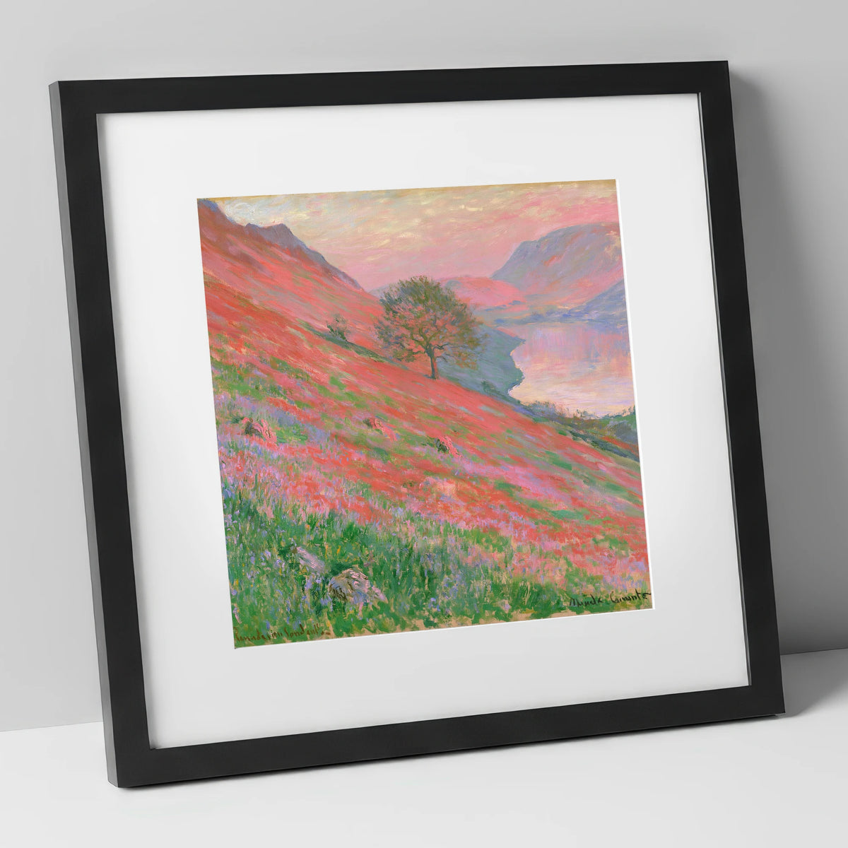 Sunset Pink Over Rannerdale Bluebells lake district lake art print in black frame