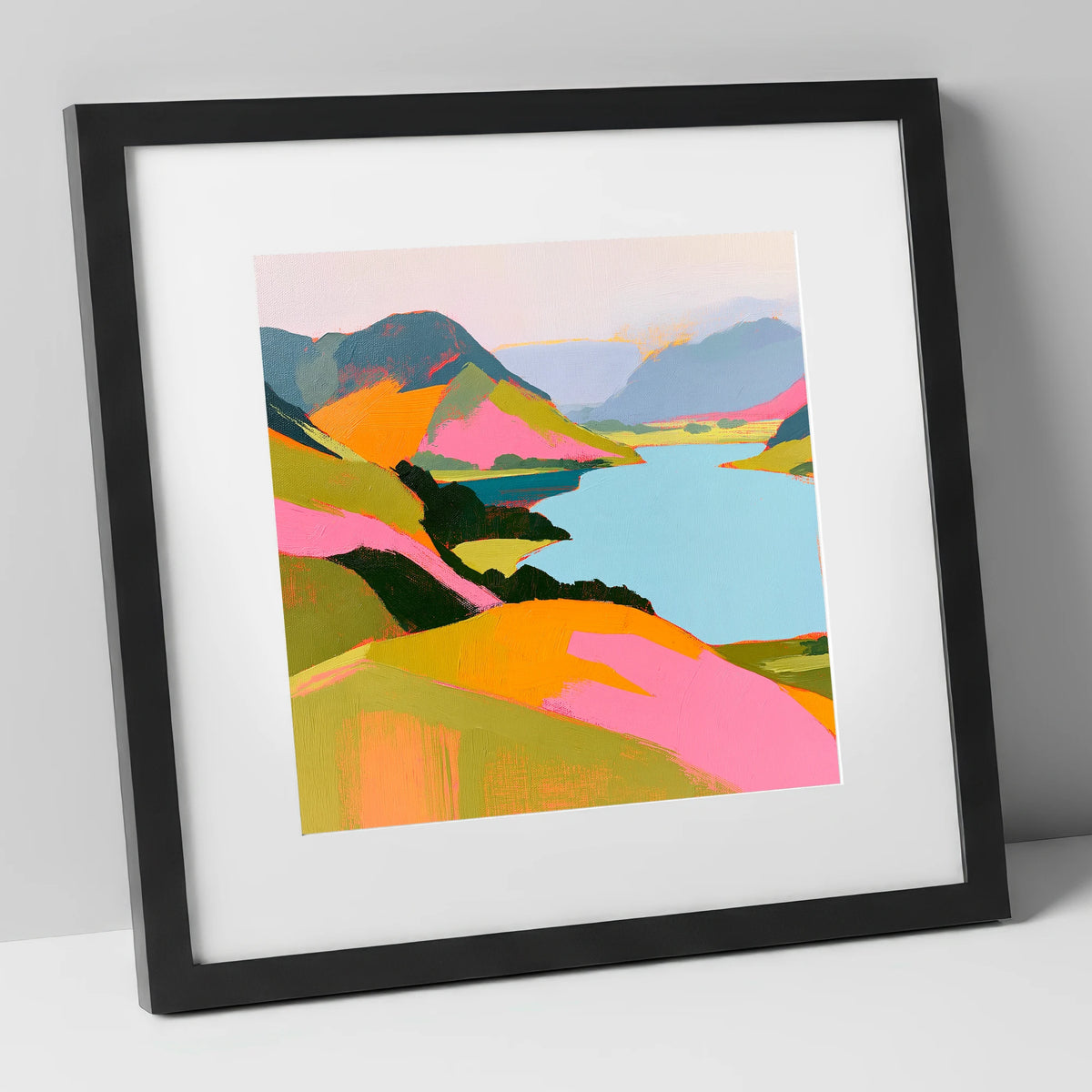 Bold Pink Fells and Lake lake district lake art print in black frame