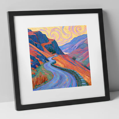 Winding Mountain Pass in Amber and Violet lake district valley art print in black frame