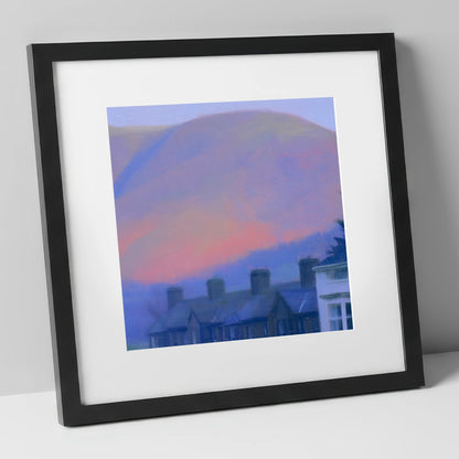 Keswick Terraces and Skiddaw Twilight lake district village art print in black frame