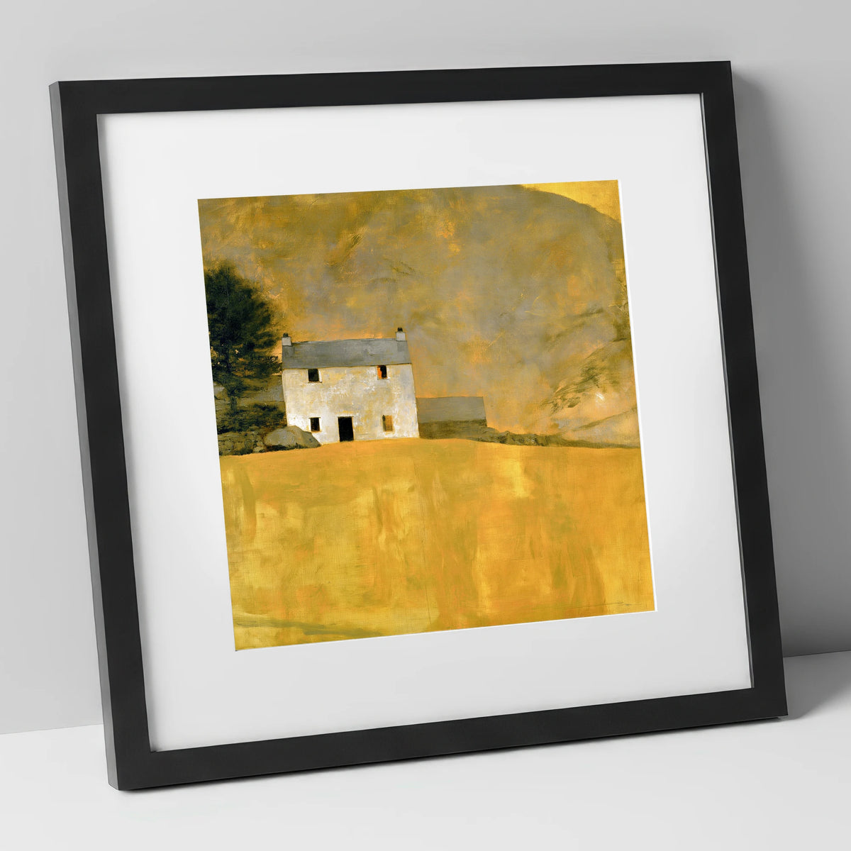 Stone Cottage in Golden Ochre lake district village art print in black frame