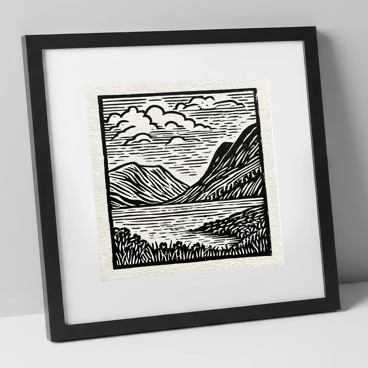 Graphic Fells of Crummock Water lake district lake art print in black frame