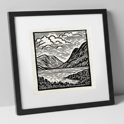 Graphic Fells of Crummock Water lake district lake art print in black frame