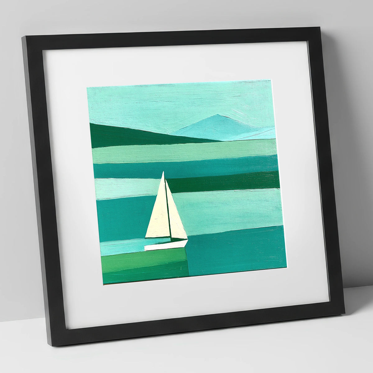 White Sailboat on a Teal Lake lake district walking art print in black frame