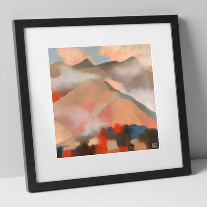 Misty Mountain Ridge In Coral lake district fell art print in black frame