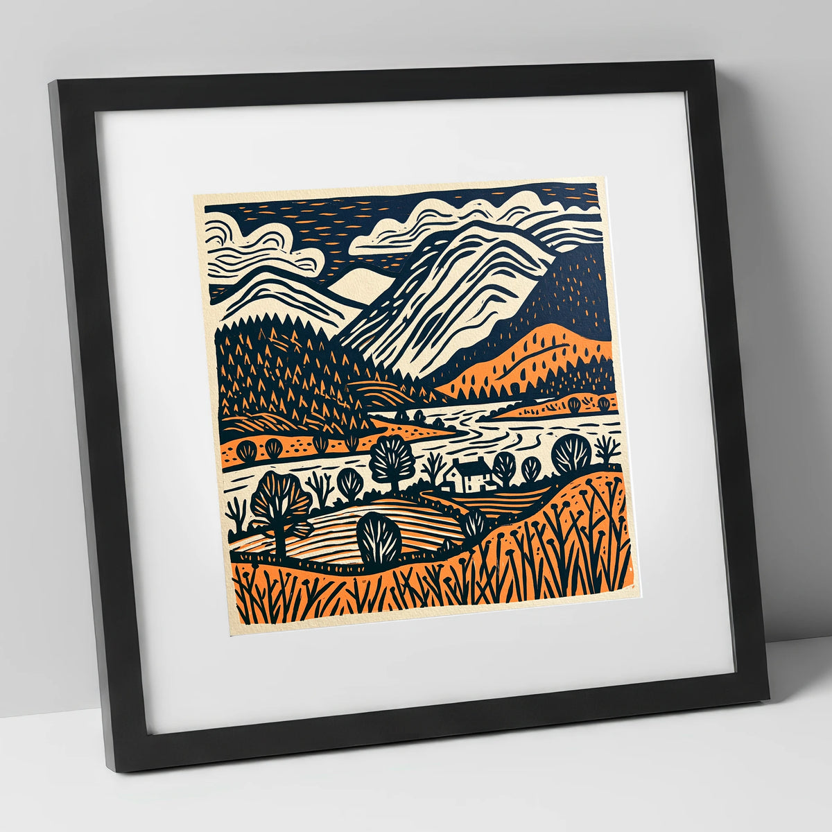 Grasmere Fells in Terracotta and Navy lake district lake art print in black frame