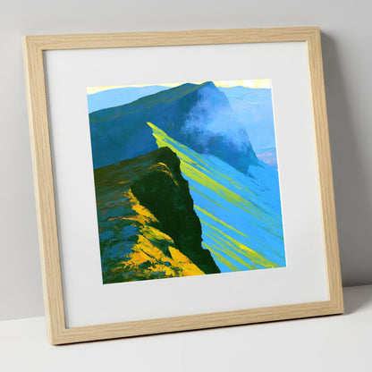 High Fell Ridge in Luminous Yellow lake district fell art print in natural frame