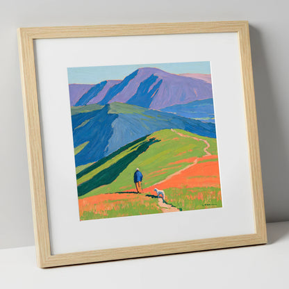 Vibrant Walker and Dog on Latrigg gifts for dog walkers art print in natural frame