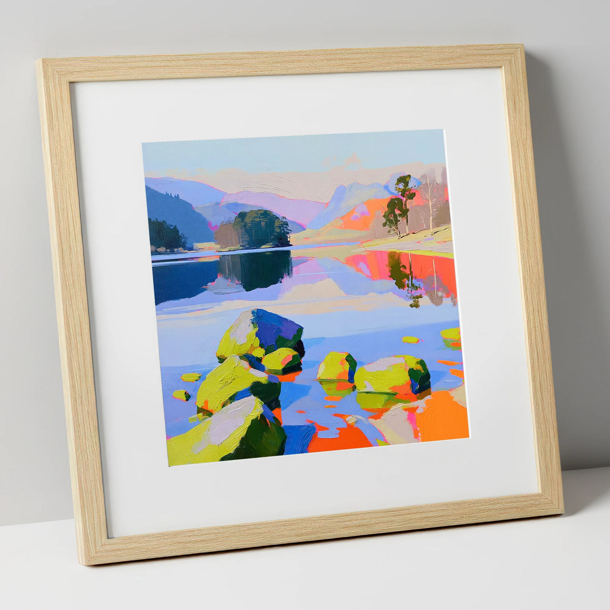 Colourful Rydal Water Boulders lake district lake art print in natural frame