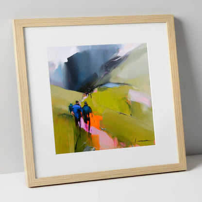 Walkers on Vibrant Fell Path lake district walking art print in natural frame