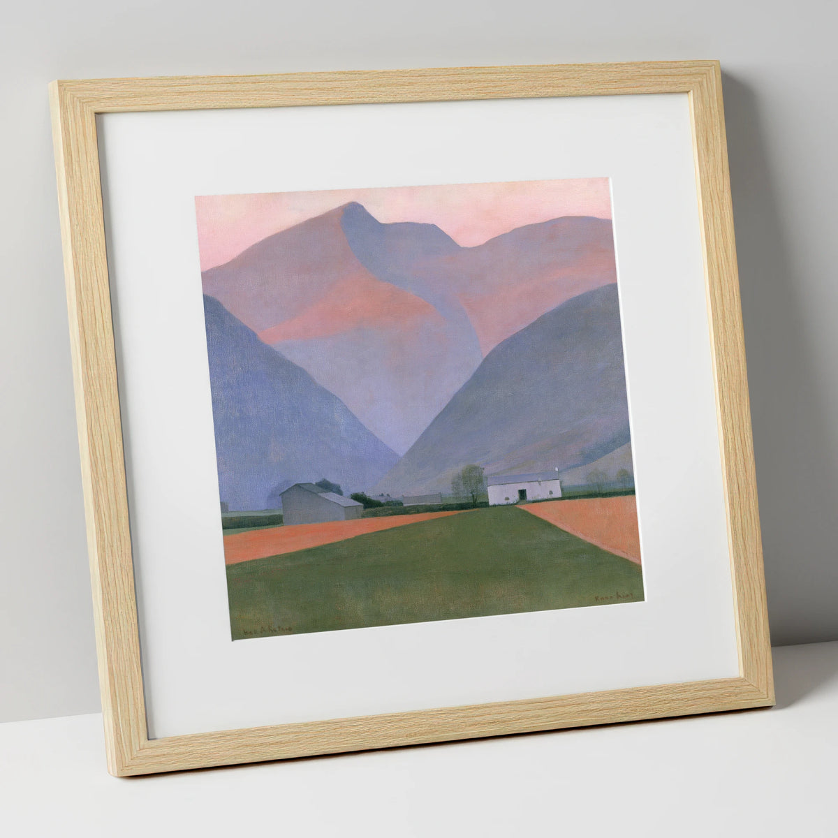 Valley Farm Beneath Pastel Fells lake district valley art print in natural frame