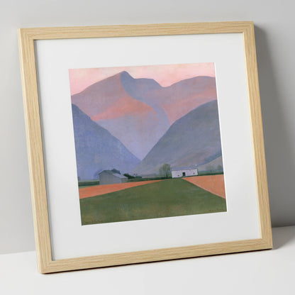 Valley Farm Beneath Pastel Fells lake district valley art print in natural frame