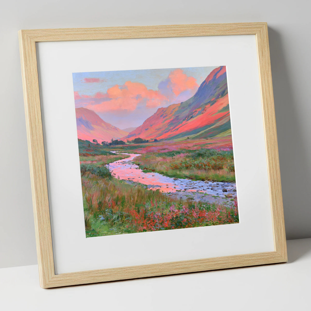 Winding Valley River at Sunset lake district waterfall art print in natural frame