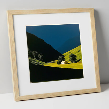 Sunlit Farmhouse in a Green Valley lake district valley art print in natural frame