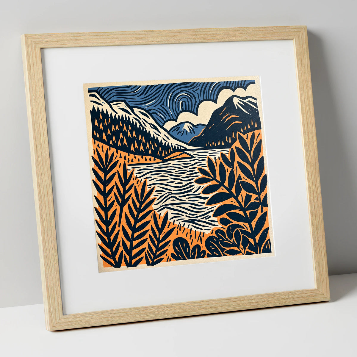 Navy and Terracotta Lake Dawn lake district lake art print in natural frame