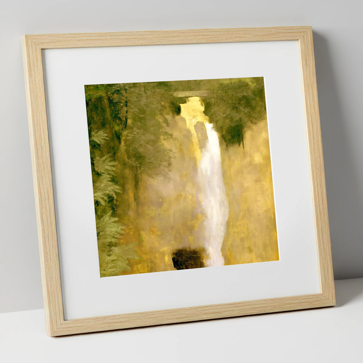 Golden Light at Aira Force lake district waterfall art print in natural frame