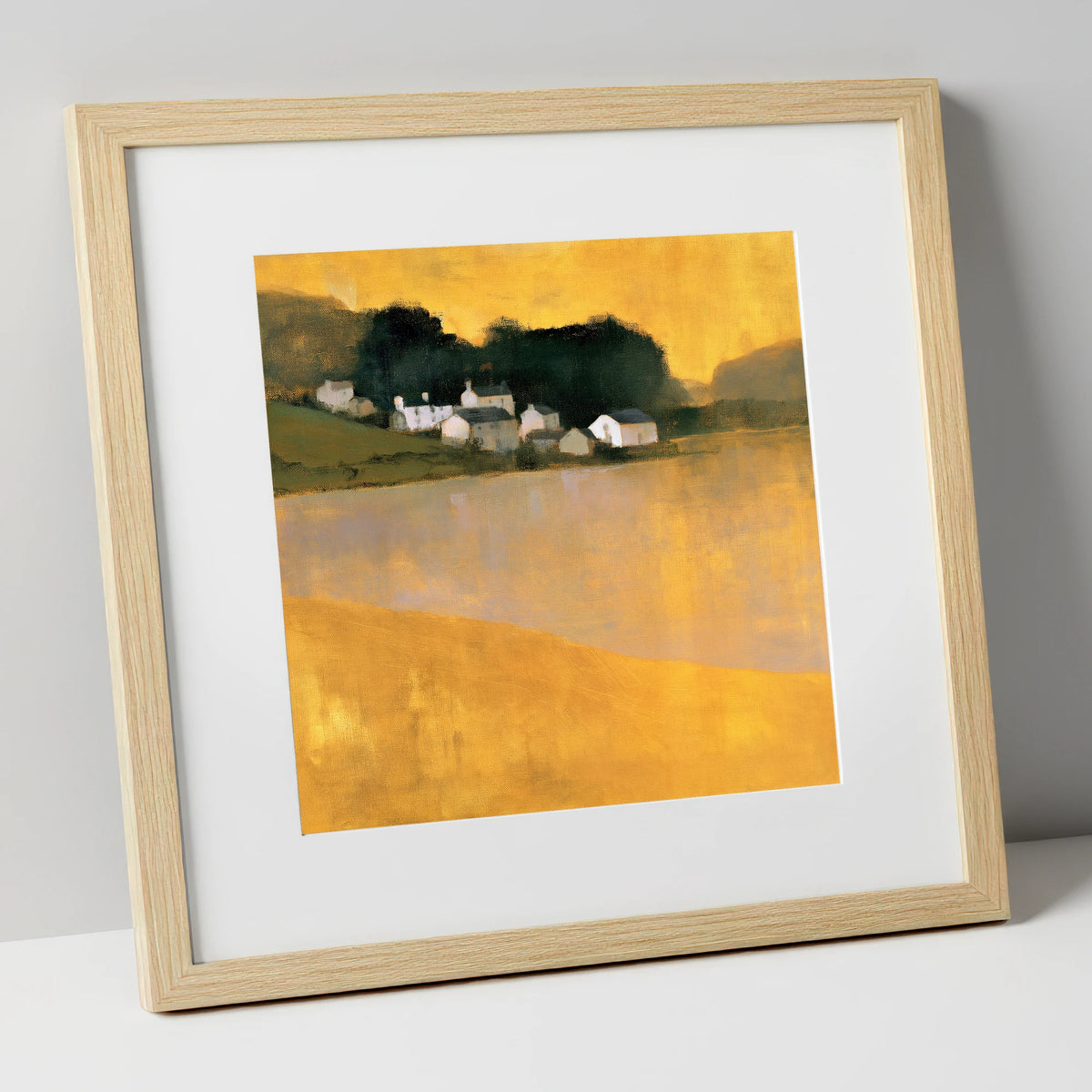 Lakeside Village in Golden Ochre lake district village art print in natural frame