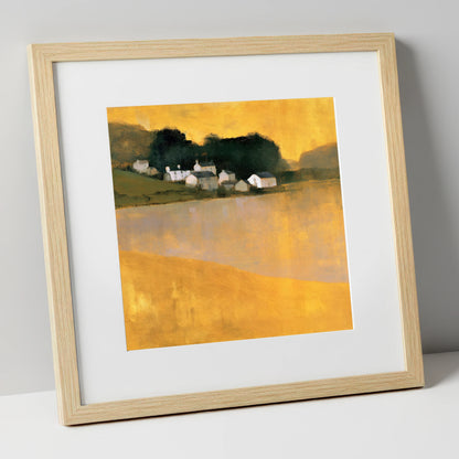 Lakeside Village in Golden Ochre lake district village art print in natural frame