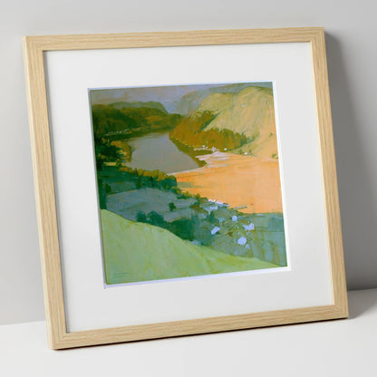 Glenridding and Ullswater Apricot Light lake district village art print in natural frame