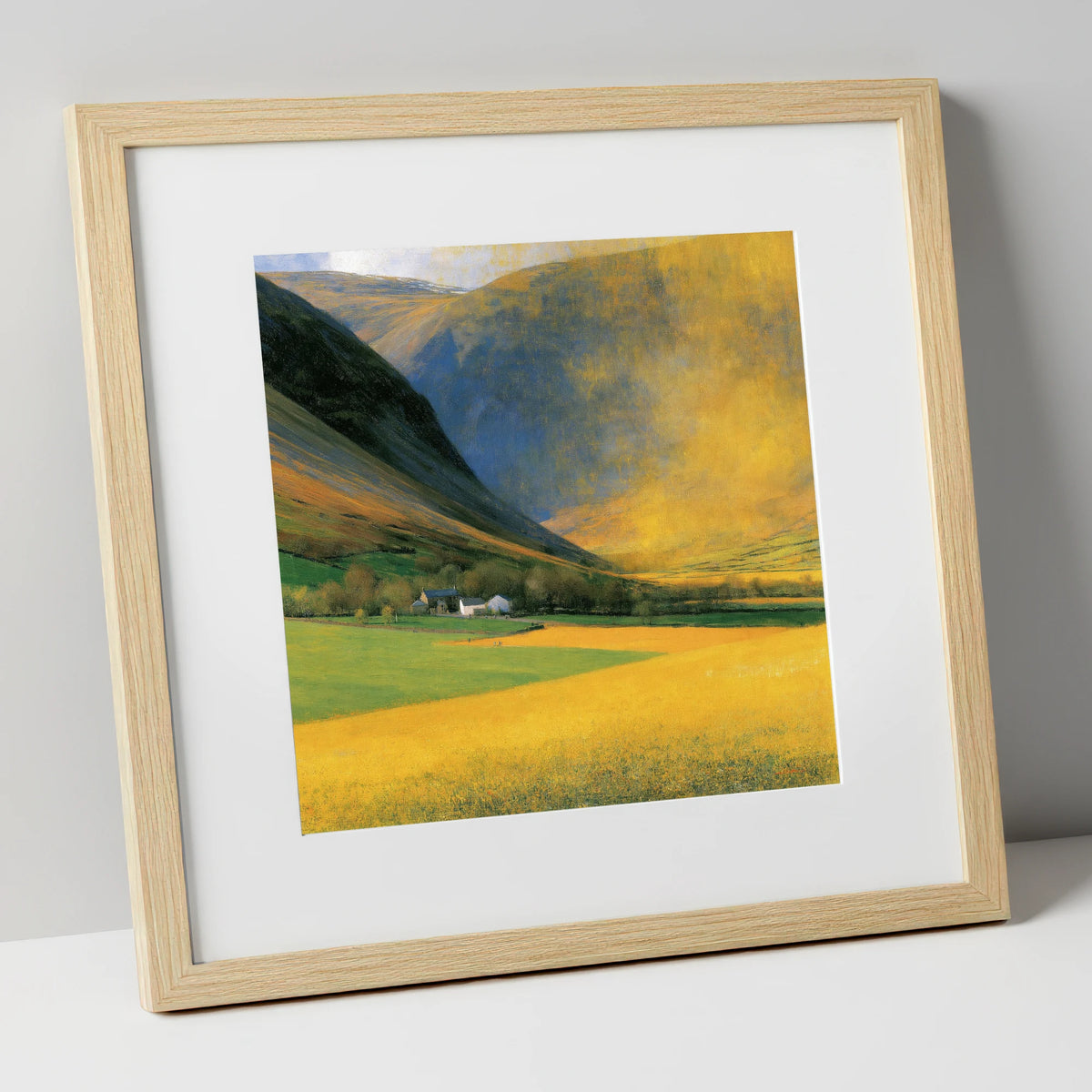 Golden Light Over Valley Fields lake district valley art print in natural frame