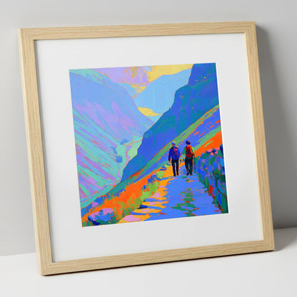 Walkers on a Colourful Mountain Path lake district walking art print in natural frame