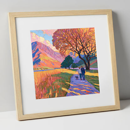 Autumn Dog Walk at Buttermere gifts for dog walkers art print in natural frame